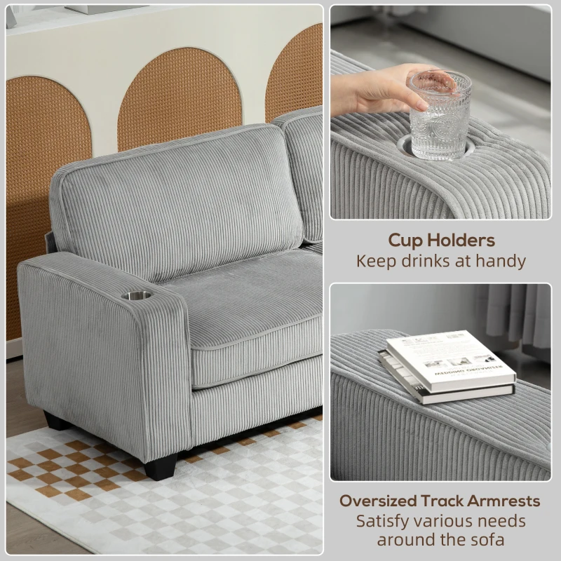 HOMCOM Three Seater Sofa, Fabric 3 Seater Couch with Spring Cushion and Cup Holders for Living Room, Bedroom, Light Grey