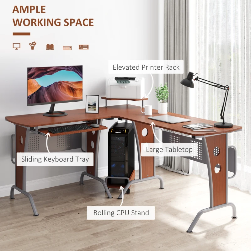 HOMCOM L-Shaped Corner Computer Office Desk Workstation with Elevated Shelf, Rolling Keyboard Tray, & Convenient CPU Stand, Brown