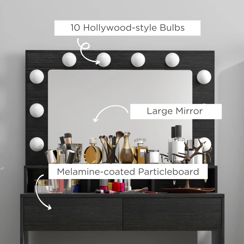 HOMCOM Vanity Table, Makeup Dressing Table with LED Lighting Mirror, Drawers, for Bedroom, Black