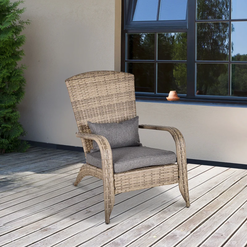 Outsunny Patio Wicker Adirondack Chair, Outdoor All-Weather Rattan Fire Pit Chair w/ Soft Cushions, Tall Curved Backrest and Comfortable Armrests for Deck or Garden, Charcoal Gray