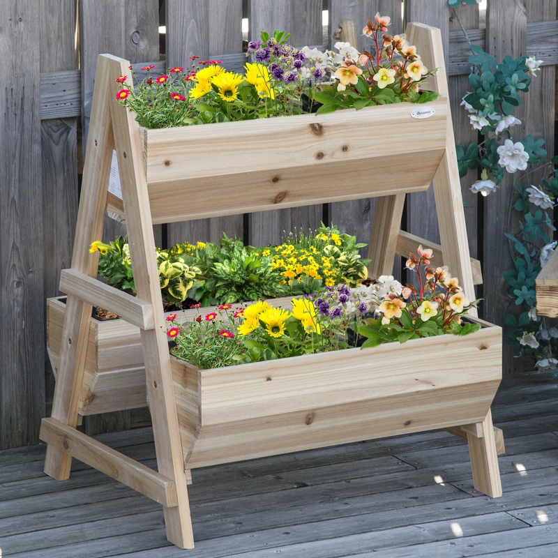 Outsunny 3 Tier Verctial Raised Garden Bed, Wooden Elevated Planter Box with Fabric Liner and Drainage Holes, for Vegetables, Herbs, Flowers, Natural