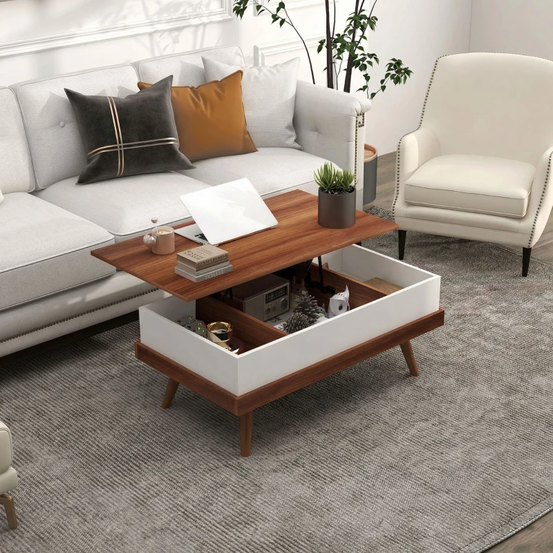 HOMCOM Lift Top Coffee Table with Hidden Compartments and Wood Legs, Walnut