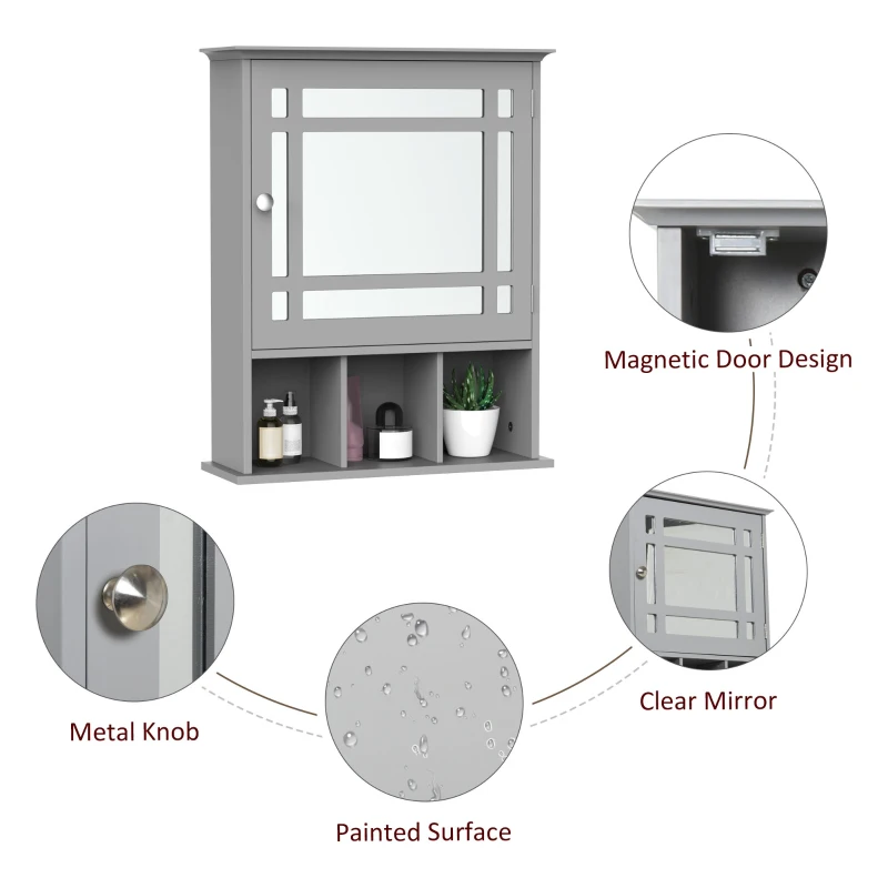 kleankin Bathroom Cabinet Wall Mount with Mirror Door 3 Shelf Organizer for Bathroom, Kitchen, Bedroom, Grey