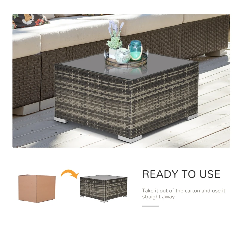 Outsunny Rattan Garden Coffee Table, 25.6" Square Garden Rattan Table with Tempered Glass Top, Deep Grey