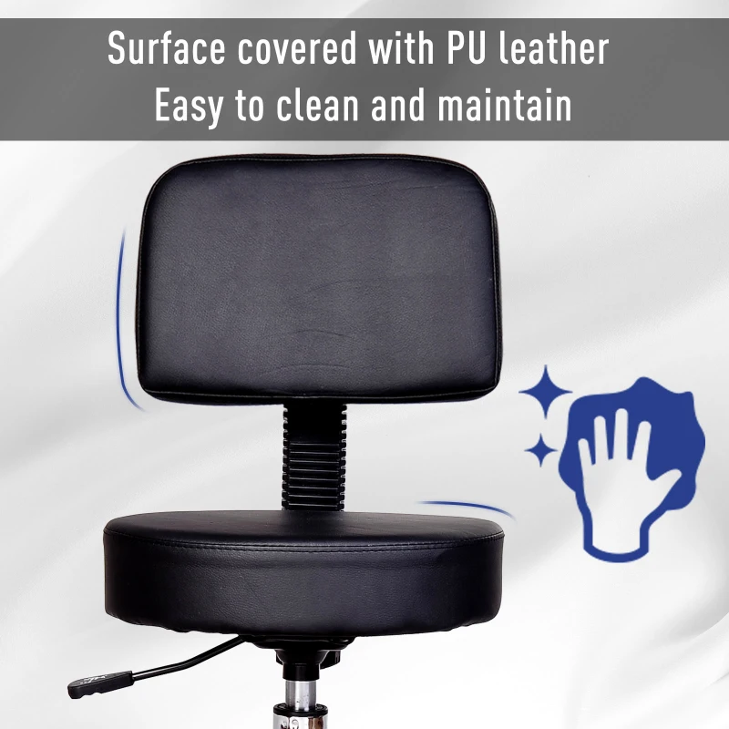 HOMCOM PU Leather Adjustable Rolling Stool, Round Swivel Drafting Stool with Back, Wheels, Black