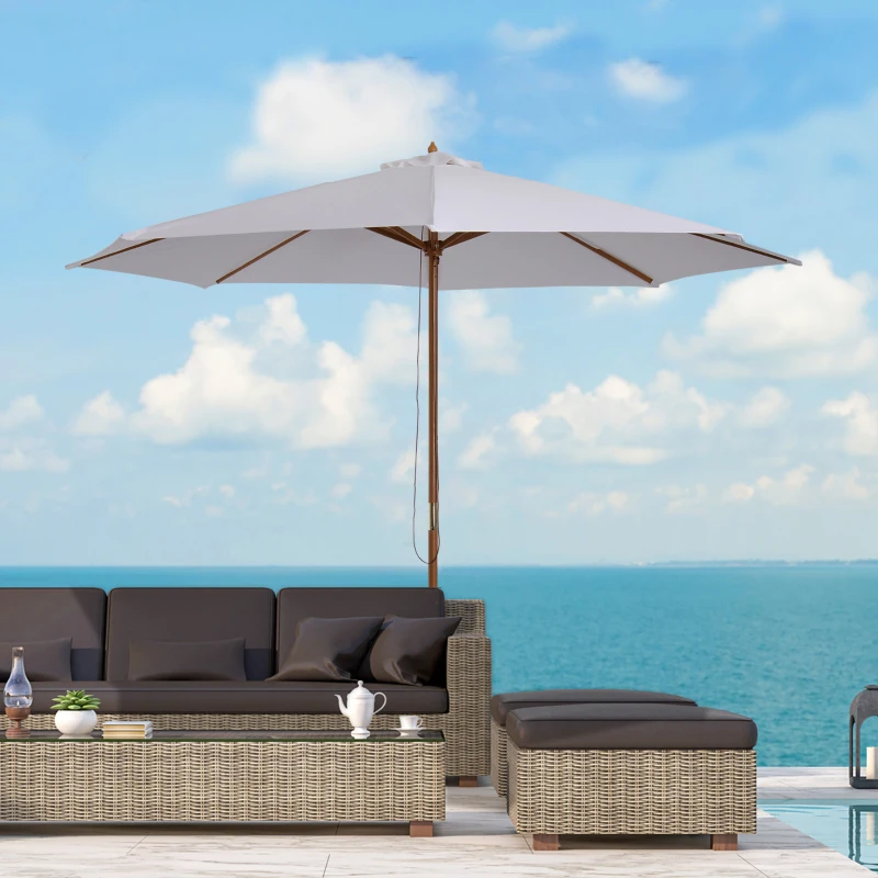 Outsunny 10' x 8' Bamboo Wooden Round Market Patio Sun Umbrella, Garden Parasol, Outdoor Sunshade Canopy, White
