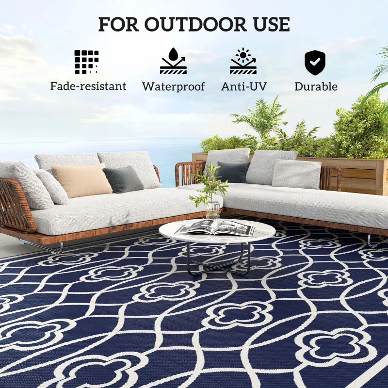 Outsunny Reversible Outdoor Rug, Waterproof Plastic Straw with Carry Bag, 9' x 18', Blue & White Lantern