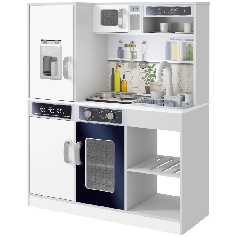Qaba Play Kitchen, Kids Kitchen Playset w/ Lights, Sounds, Running Water, Coffee Machine, Ice Maker & Microwave for 3-8 Years