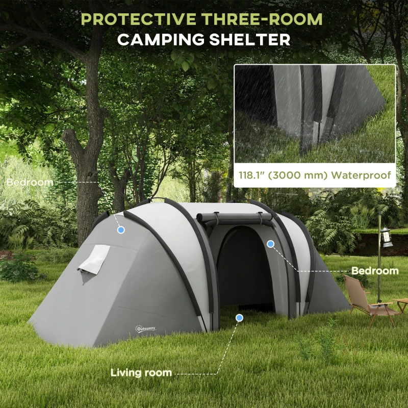 Outsunny Camping Tent with 2 Bedrooms and Living Area, 3000mm Waterproof Family Tent, for Fishing Hiking Festival, Grey