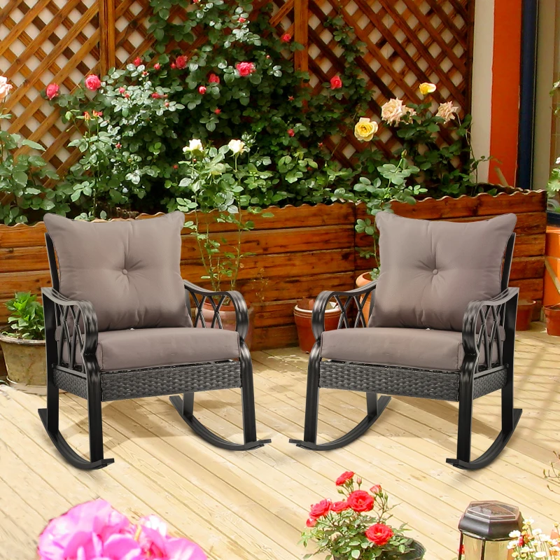 Outsunny 2 Piece Outdoor Wicker Rocking Chairs Rattan Porch Rockers with Cushions, Aluminum Frame for Garden, Patio, Gray