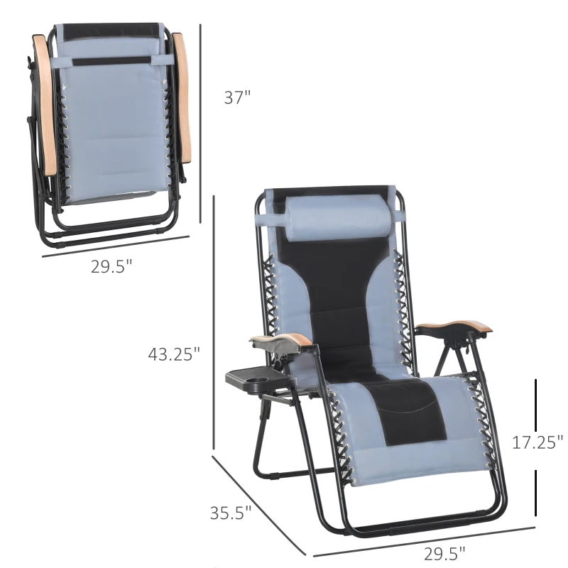 Outsunny Foldable Outdoor Lounge Chair with Footrest, Oversized Padded Zero Gravity Lounge Chair with Headrest, Cup Holders, Armrests for Camping, Lawn, Garden, Pool, Gray
