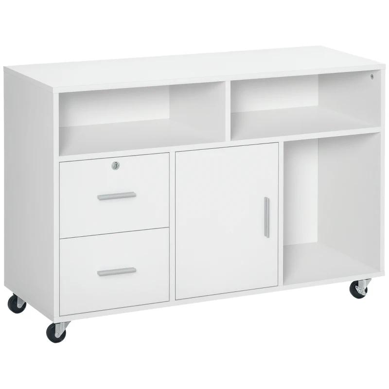 HOMCOM Lateral Filing Cabinet with Open Storage Shelf, Printer Stand Home Office Mobile File Cabinet with Wheels, Lockable Drawer, White