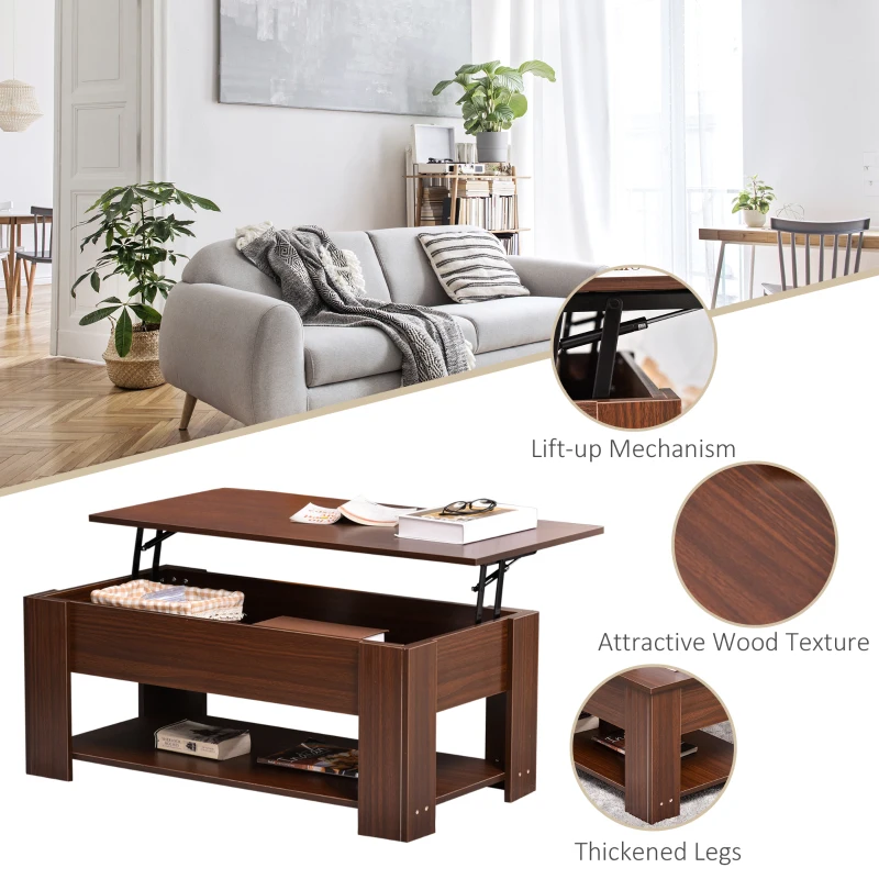 HOMCOM 39" Lift Top Coffee Table with Hidden Storage Compartment and Open Shelf, Pop Up Coffee Table for Living Room, Brown