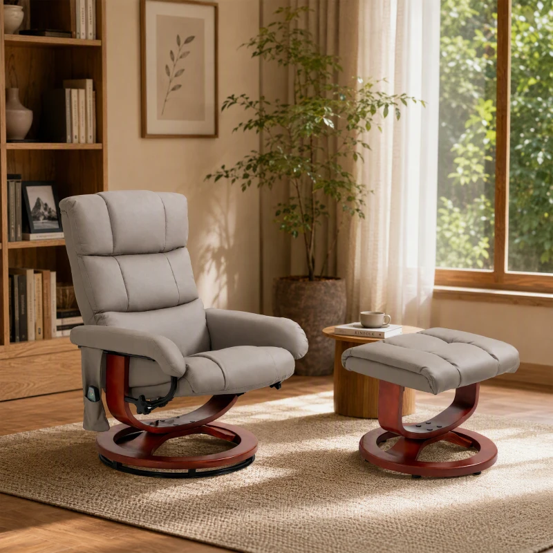 HOMCOM Massage Recliner Chair with Ottoman, Swivel Recliner and Footrest, Faux Leather Reclining Chair w/ Remote Control, Gray