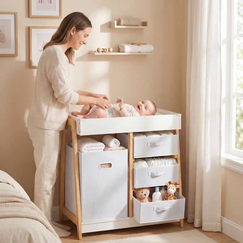 Qaba Baby Changing Table, Diaper Changing Station with Waterproof Pad, 3 Drawers and Large Basket for Newborn & Infant, White