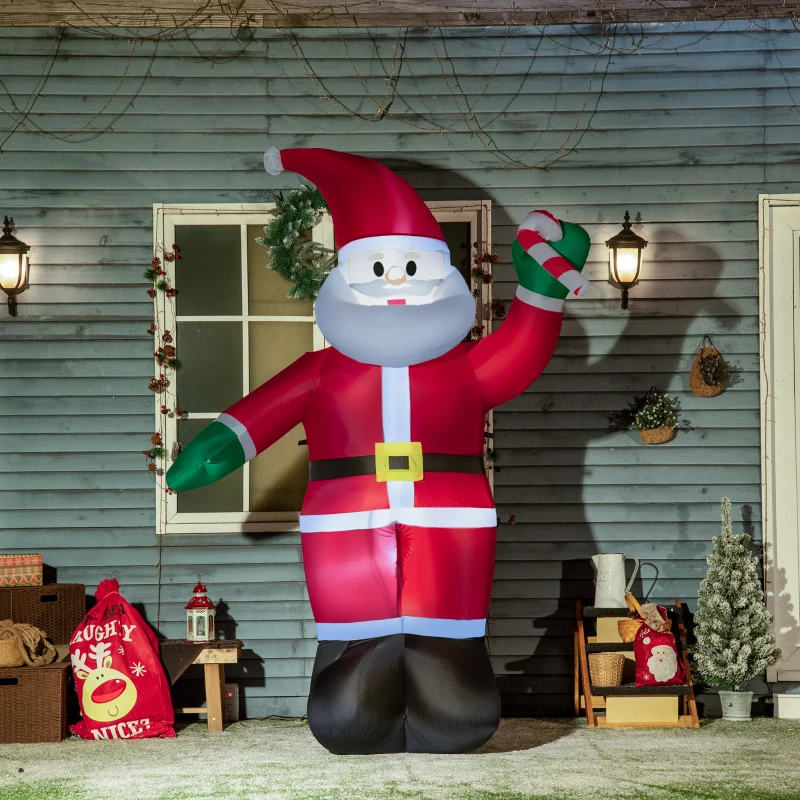 Outsunny 8ft Christmas Inflatables Outdoor Decorations Santa Claus Holds Candy Cane with Furry Beard, Blow-Up LED Yard Christmas Decor for Lawn Garden Party
