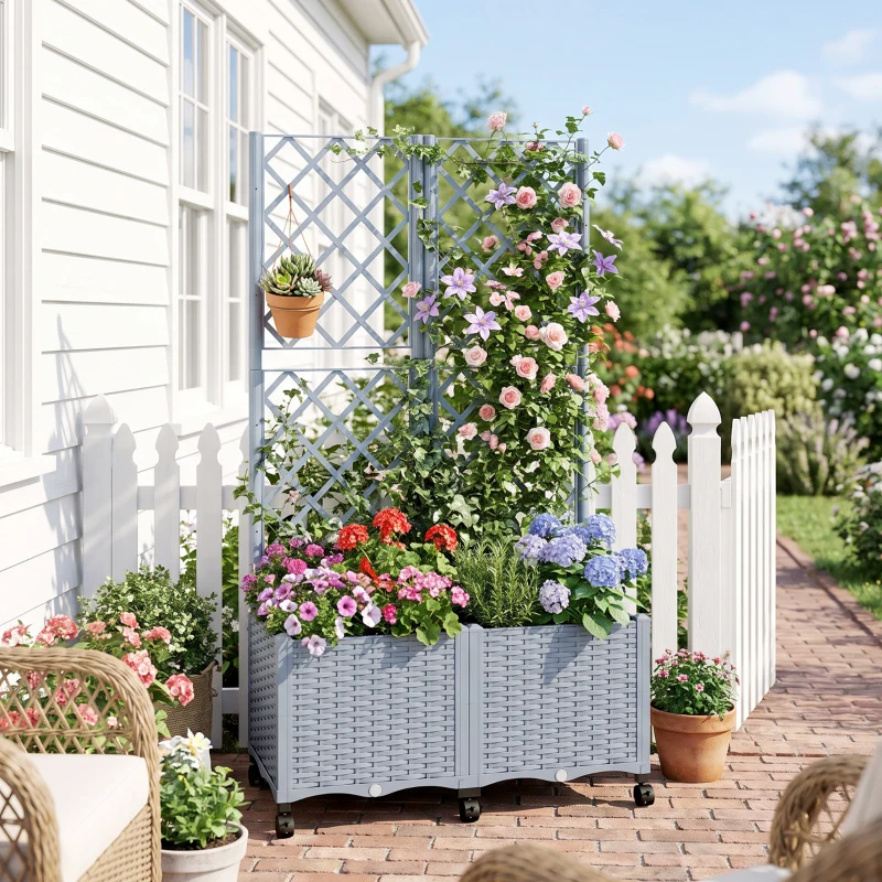 Outsunny Planter Box with Trellis, Self Watering Raised Garden Bed with Lockable Wheels and Drainage Holes, Gray