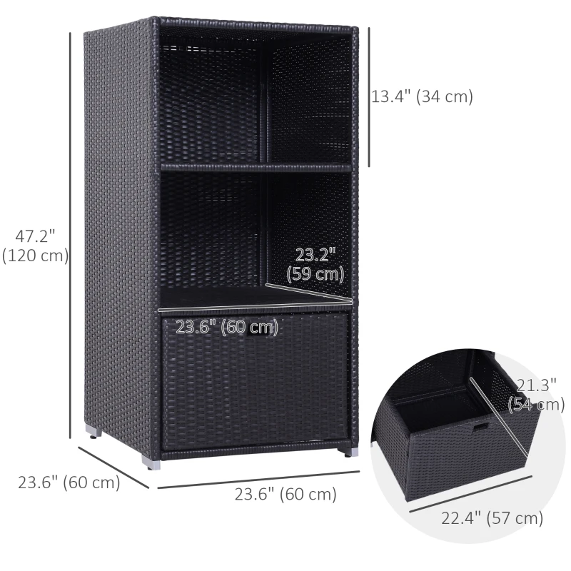 Outsunny Outdoor Storage Cabinet, Patio Storage Box Rack Rattan Wicker Pool Towel Valet Organizer Poolside Garden Lawn Bathroom Furniture Shelf w/ Shelf Drawer, Dark Brown
