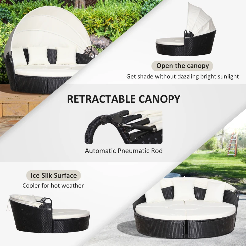 Outsunny 4 Pieces Outdoor Daybed, Patio Lounge Chair with Cushioned Round Sofa Bed, Sectional Patio Conversation Furniture Set with Canopy  & Coffee Table, Black