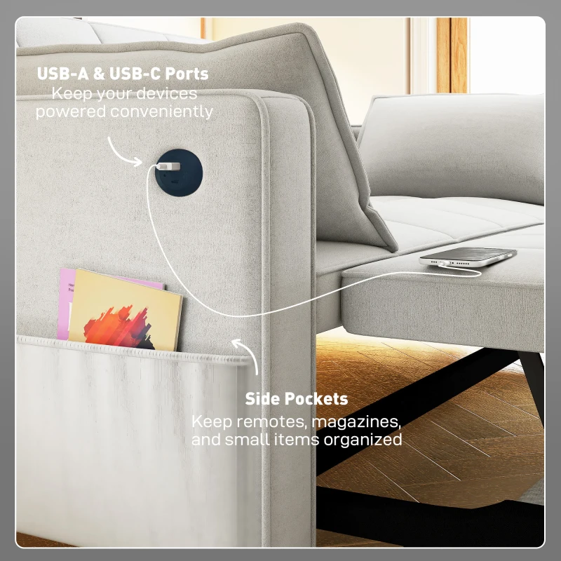 HOMCOM 3‑in‑1 Convertible Sofa Bed, Pull Out Sleeper Sofa with USB Charging, Adjustable Backrest, Side Pockets, Beige
