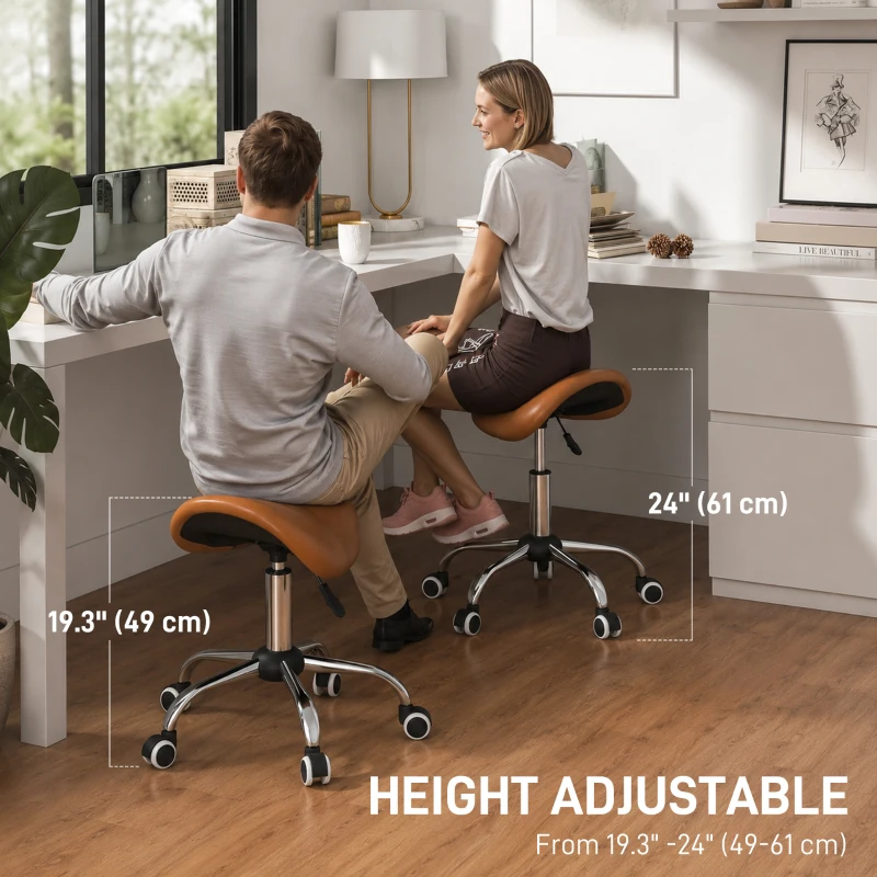HOMCOM Cosmetic Stool 360° Rotate Height Adjustable Salon Massage Spa Chair Hydraulic Rolling Faux Leather Saddle Stool, Brown