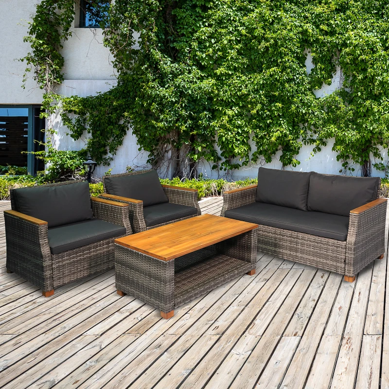 Outsunny 4 Piece Patio PE Rattan Wicker Sofa Set with Acacia Wood Coffee Table, 2 Comfort Single Chairs & 2 Person Couch