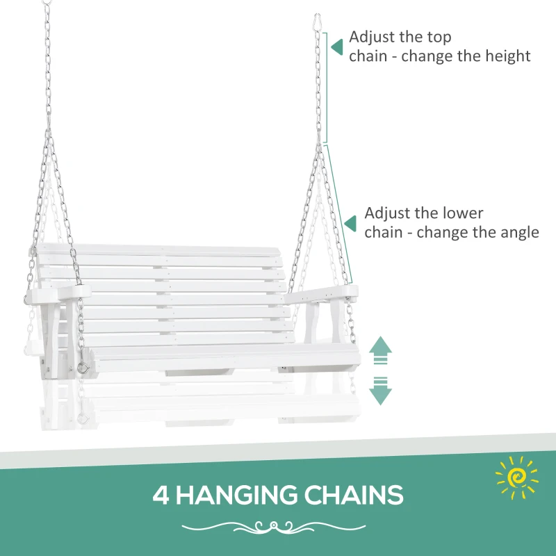 Outsunny 46" 2-Person Porch Swing Wooden Patio Swing Bench with Cup Holders, Slatted Design, Chains, 440lb Weight Capacity, White