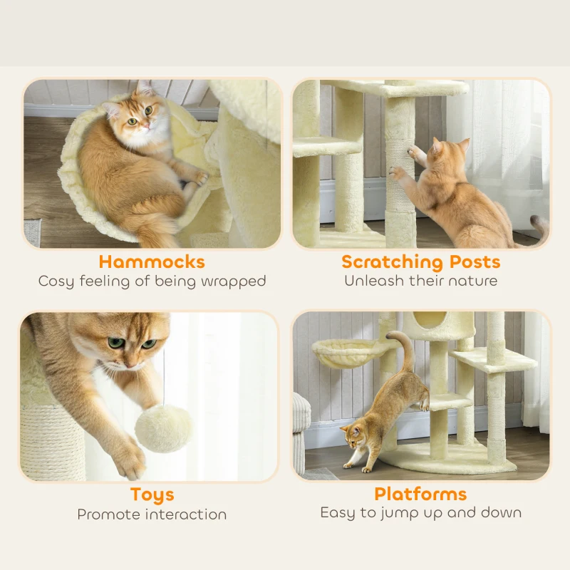 PawHut 62" Cat Tree with Scratching Post, 2 Condos, Hammock, Perches, Plush, Pompoms, for Indoor Cats, Beige