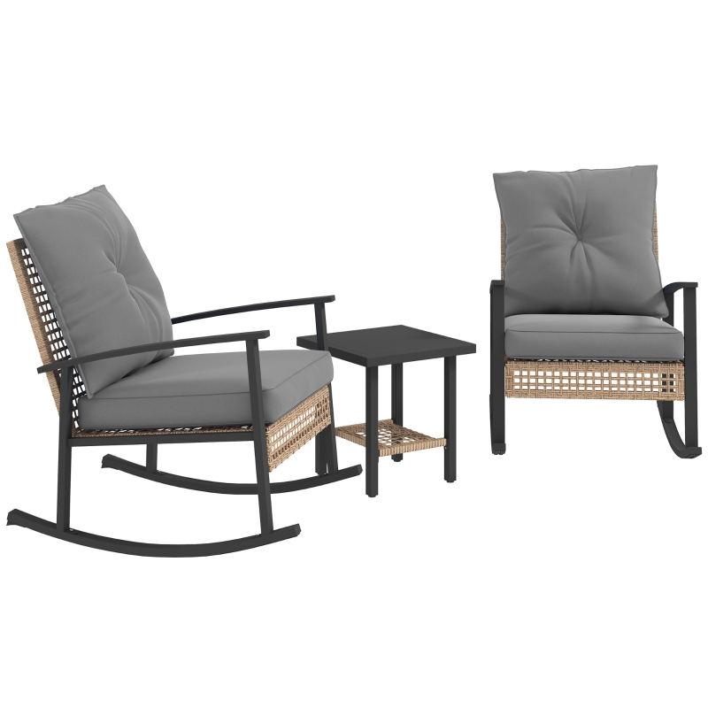 Outsunny 3 Pieces Bistro Set, Patio Wicker Furniture Set with Button Tufted Cushions, Rattan Rocking Chairs, Coffee Table, Gray