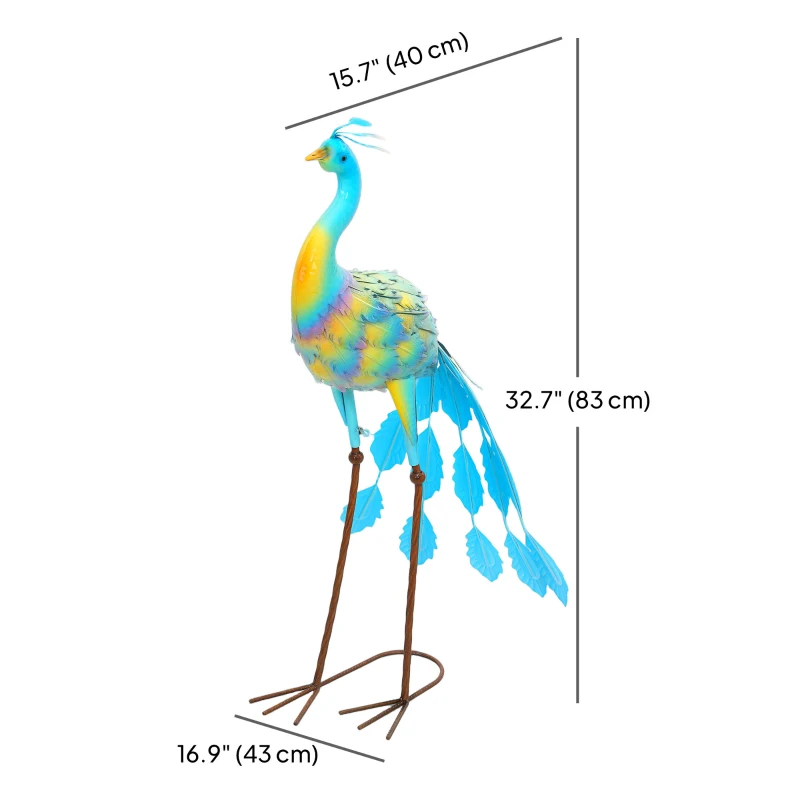 Outsunny Peacock Garden Statue, 32.7" Standing Lawn Ornament, Steel Garden Decor Bird Statue with Stakes for Lawn Patio Backyard Decoration, Sky Blue