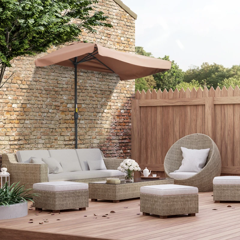 Outsunny 7.5ft Half Umbrella Semi Patio Parasol with Crank Handle, Top Vent for Garden, Balcony- NO BASE INCLUDED, Coffee