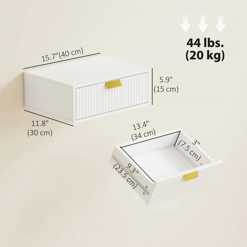 HOMCOM Modern Floating Nightstands Set of 2, Wall Mounted Bedside Tables with Wave Drawer White