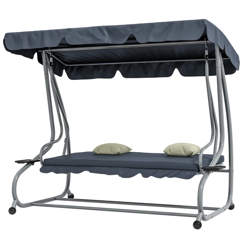 Outsunny 3-Seat Outdoor Patio Swing Canopy Chair, Converting Flat Bed with Adjustable Shade, Cushions, Cup Holder, Dark Grey