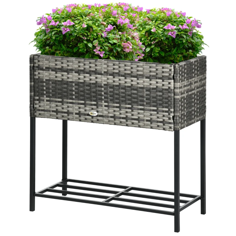 Outsunny Rattan Raised Garden Boxes, Elevated Flower Beds with Storage Shelf for Herbs, Flowers, Vegetables, Mixed Grey