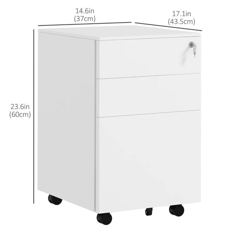 Vinsetto Vertical Steel Filing Cabinet on Wheels, 3-Drawer Lockable File Cabinet with Adjustable Hanging Bar for A4, Legal and Letter Size, for Home Office, White