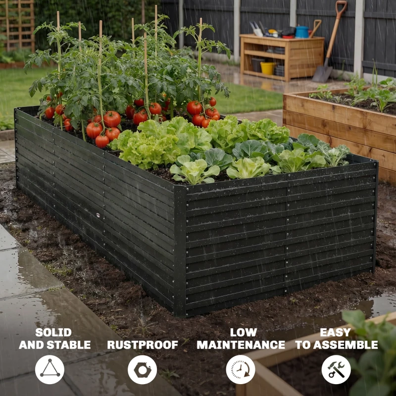 Outsunny 8 x 4 x 2ft Galvanized Raised Garden Bed, Reinforced Outdoor Planter Box with Open Bottom, Black