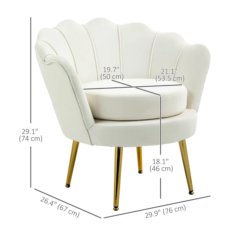 HOMCOM Modern Accent Chair, Velvet-Touch Fabric Leisure Club Chair with Gold Metal Legs for Bedroom, Cream White