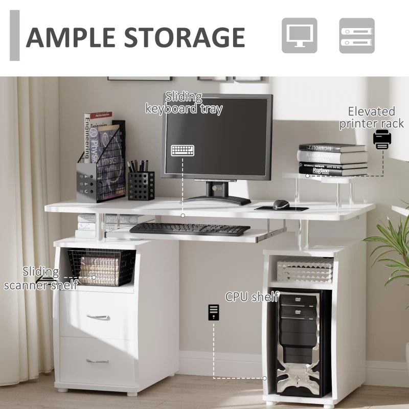 HOMCOM Multi-Function Computer Desk Home Office Workstation with Sliding Keyboard Tray, Elevated Shelf, Drawers and CPU Stand, White