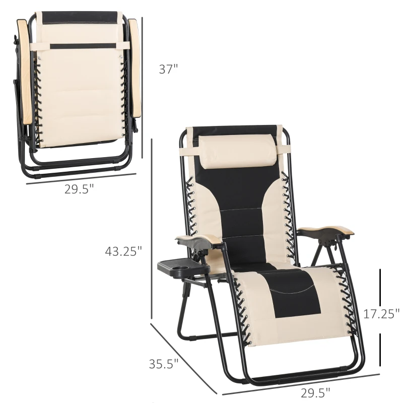 Outsunny Foldable Outdoor Lounge Chair with Footrest, Oversized Padded Zero Gravity Lounge Chair with Headrest, Cup Holders, Armrests for Camping, Lawn, Garden, Pool, Beige