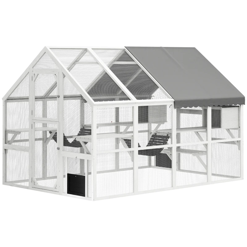 PawHut Outdoor Cat Enclosure Wooden Feral Cat House w/ Weatherproof Canopy, Bridges, Resting Boxes, Platforms, for 3-6 Cats