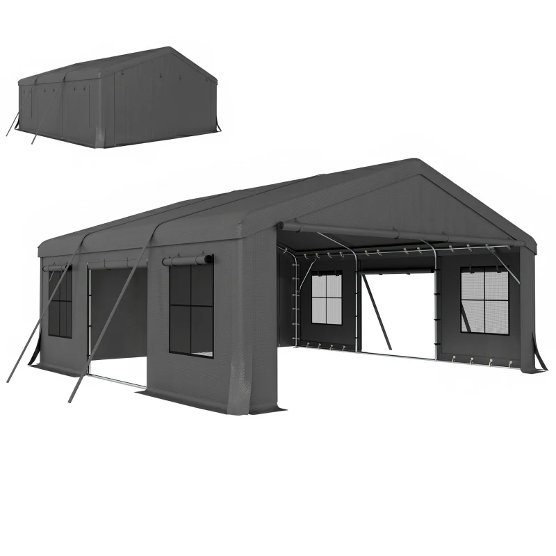 Outsunny 20' x 20' Heavy Duty Carport, Portable Garage Car Canopy Tent Shelter with 3 Roll-up Doors, 4 Windows, Dark Gray