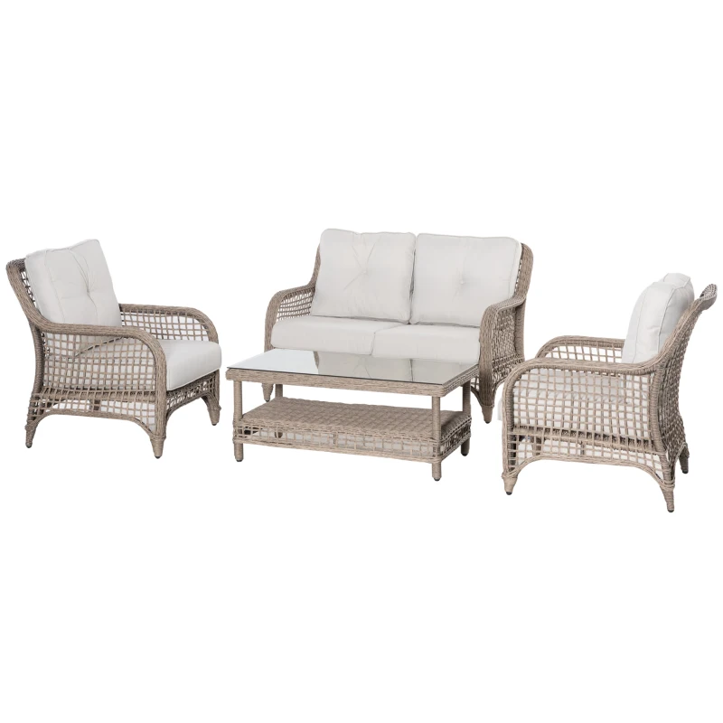 Outsunny 4pc Outdoor Patio Furniture Set, 2 Rattan Chairs, 1 PE Wicker Loveseat Sofa, 1 Center Coffee Table w/ Tempered Glass Table-Top, Soft Cushions for Garden, Cream White