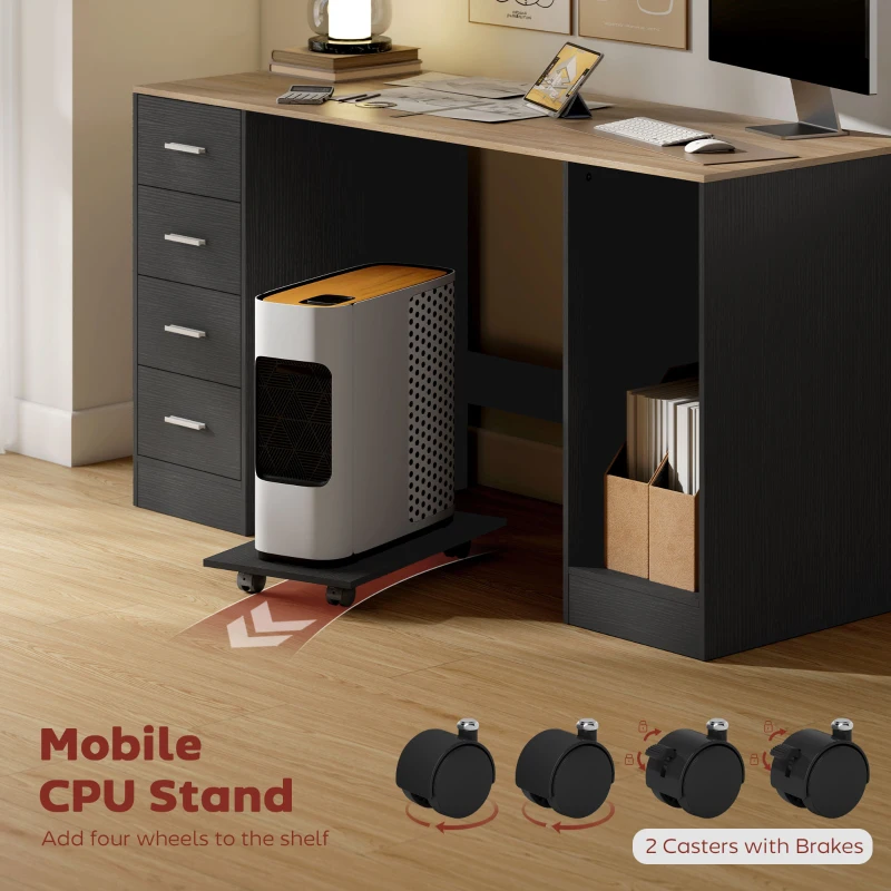 HOMCOM Office Desk, 55" Computer Desk with 4 Reversible Drawers, Mobile PC Stand, Adjustable Shelf, Black Wood Grain