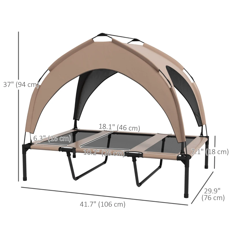 PawHut Raised Dog Bed Cooling Dog Cot w/ Canopy Washable Breathable Mesh, for Large Dogs, Coffee