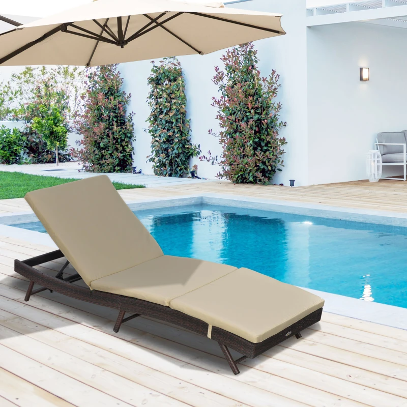 Outsunny Wicker Patio Lounger, Outdoor Recliners Lounge Chair w/ 5-Level Adjustable Backrest, Cushion for Outdoor, Khaki