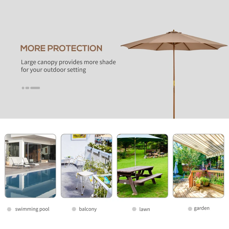 Outsunny 10' x 8' Wooden Patio Umbrella, Garden Parasol, Outdoor Sunshade Canopy with Bamboo Rib for Outdoor, Khaki