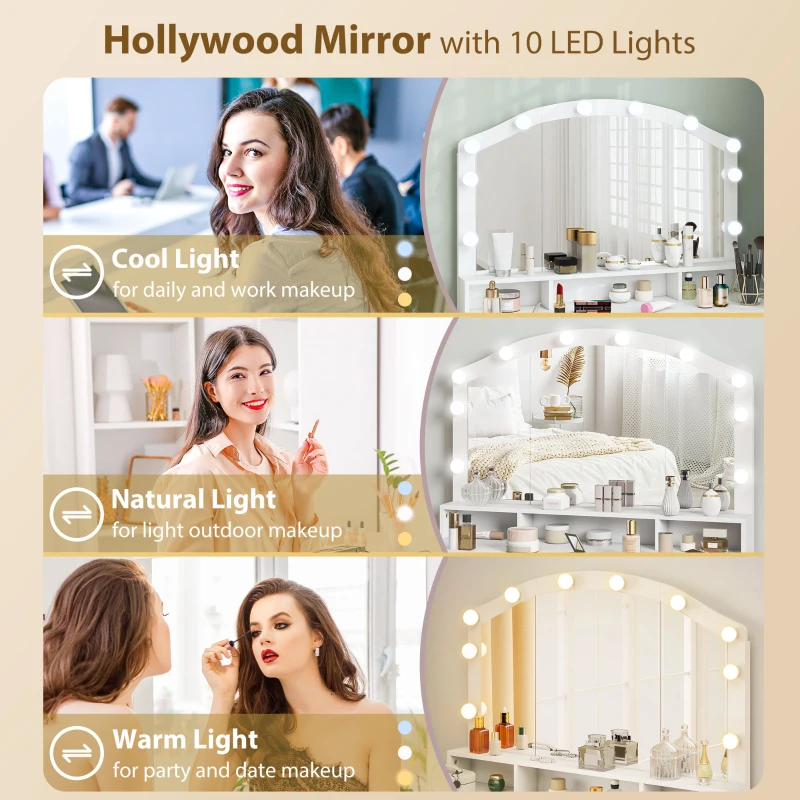 HOMCOM Makeup Vanity with Mirror and 10 LED Lights, 3 Colour Adjustable, Dressing Table with 7 Drawers, 3 Compartments, White