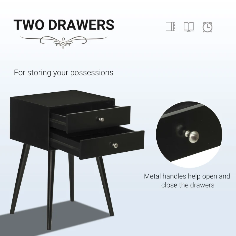 HOMCOM Side Table, Modern End Table with 2 Pull Out Drawers, Side Table with Display Tabletop and Solid Acacia Legs, Black
