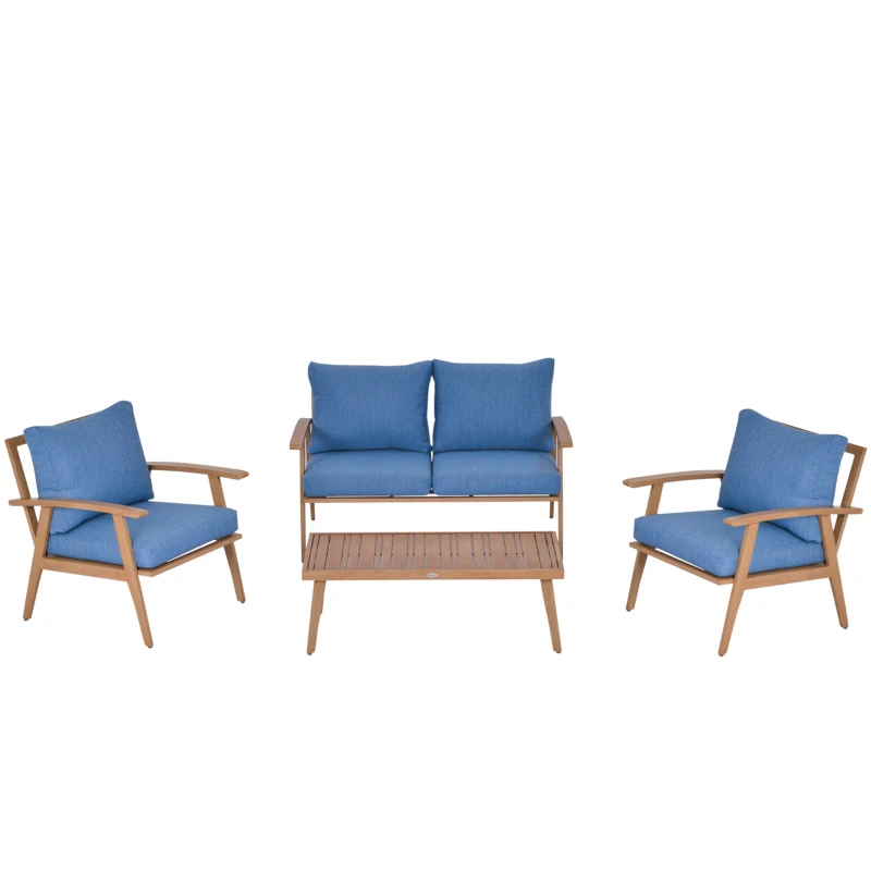 Outsunny 4-Piece Patio Furniture Set Outdoor Conversation Set with Coffee Table Loveseat Blue Cushions Aluminium Frame