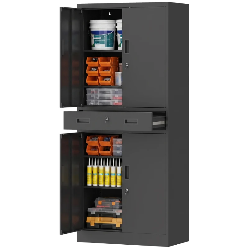 HOMCOM Metal Storage Cabinet with Locking Doors and Drawer,  71" Tall Lockable Garage Storage Cabinet with Adjustable Shelves